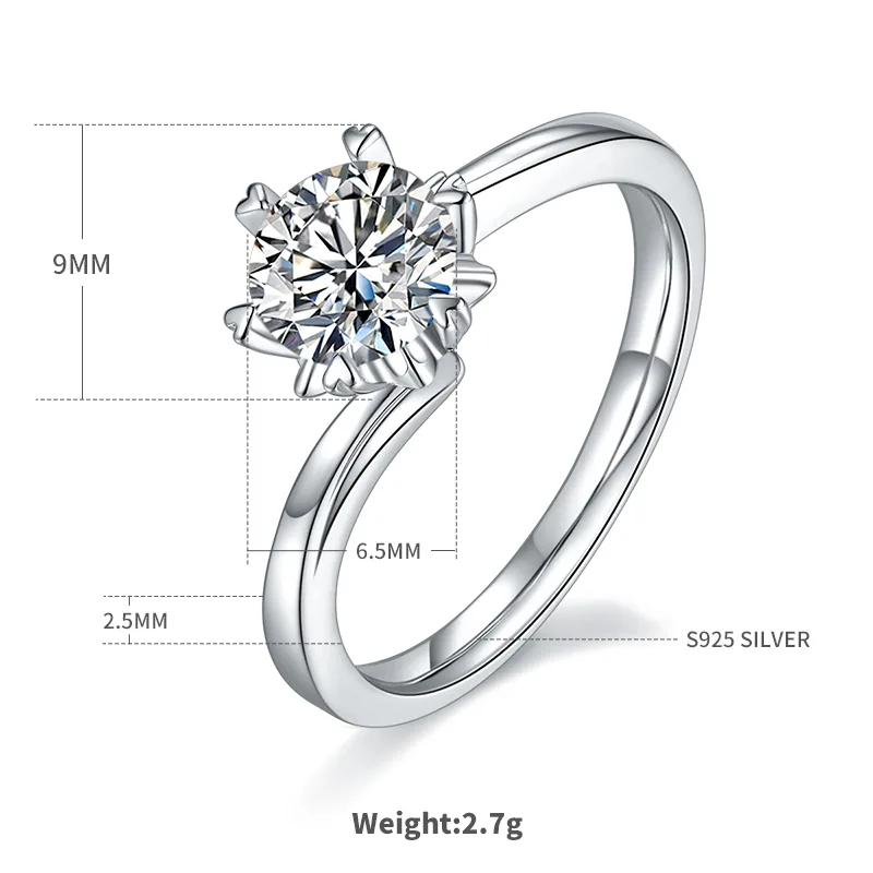 Twisted-Band Classic Snowflake S925 White-Gold-Plated Silver Moissanite Proposal Ring Women's Ring 1ct D