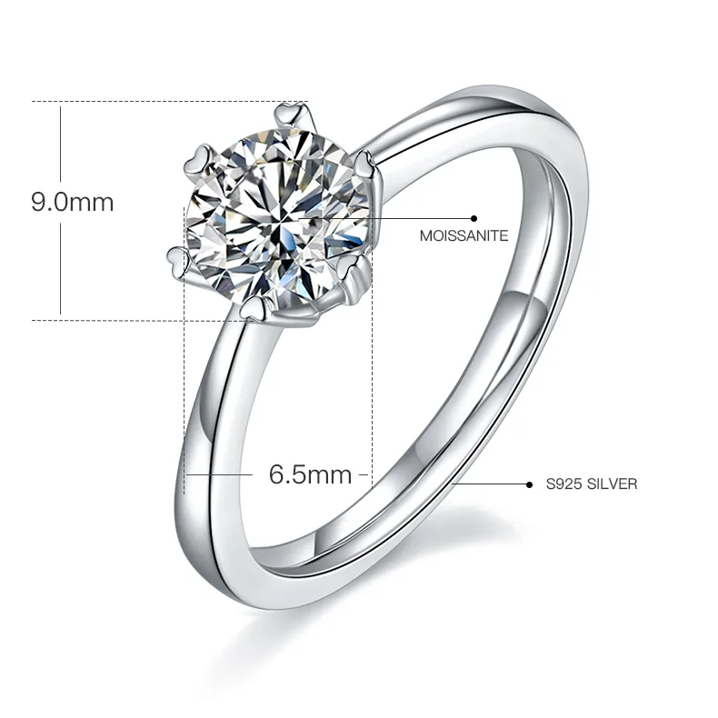 Straight-Band Classic Six-Prong S925 White-Gold-Plated Silver Moissanite Proposal Ring Women's Ring 1ct D