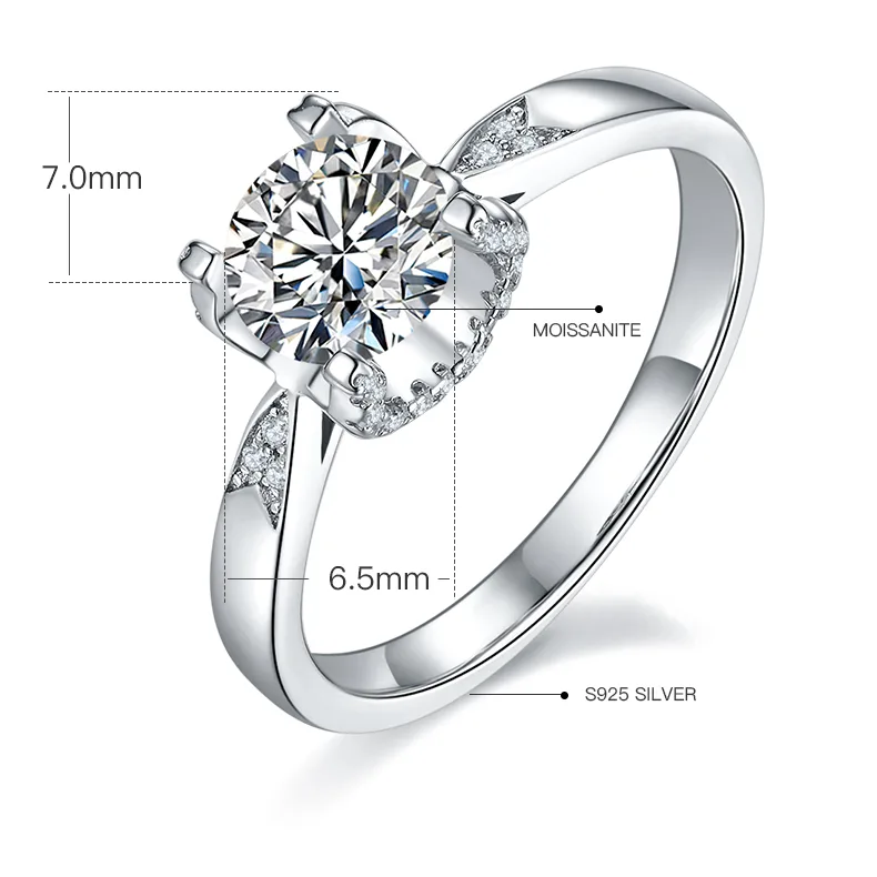 Straight-Band V Micro-Pavé Ox S925 White-Gold-Plated Silver Moissanite Engagement Ring Women's Ring 1ct D