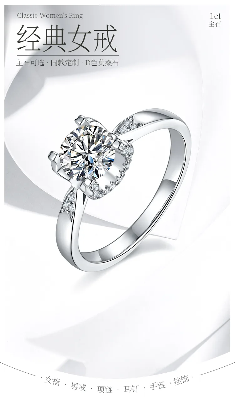 Straight-Band V Micro-Pavé Ox S925 White-Gold-Plated Silver Moissanite Engagemen