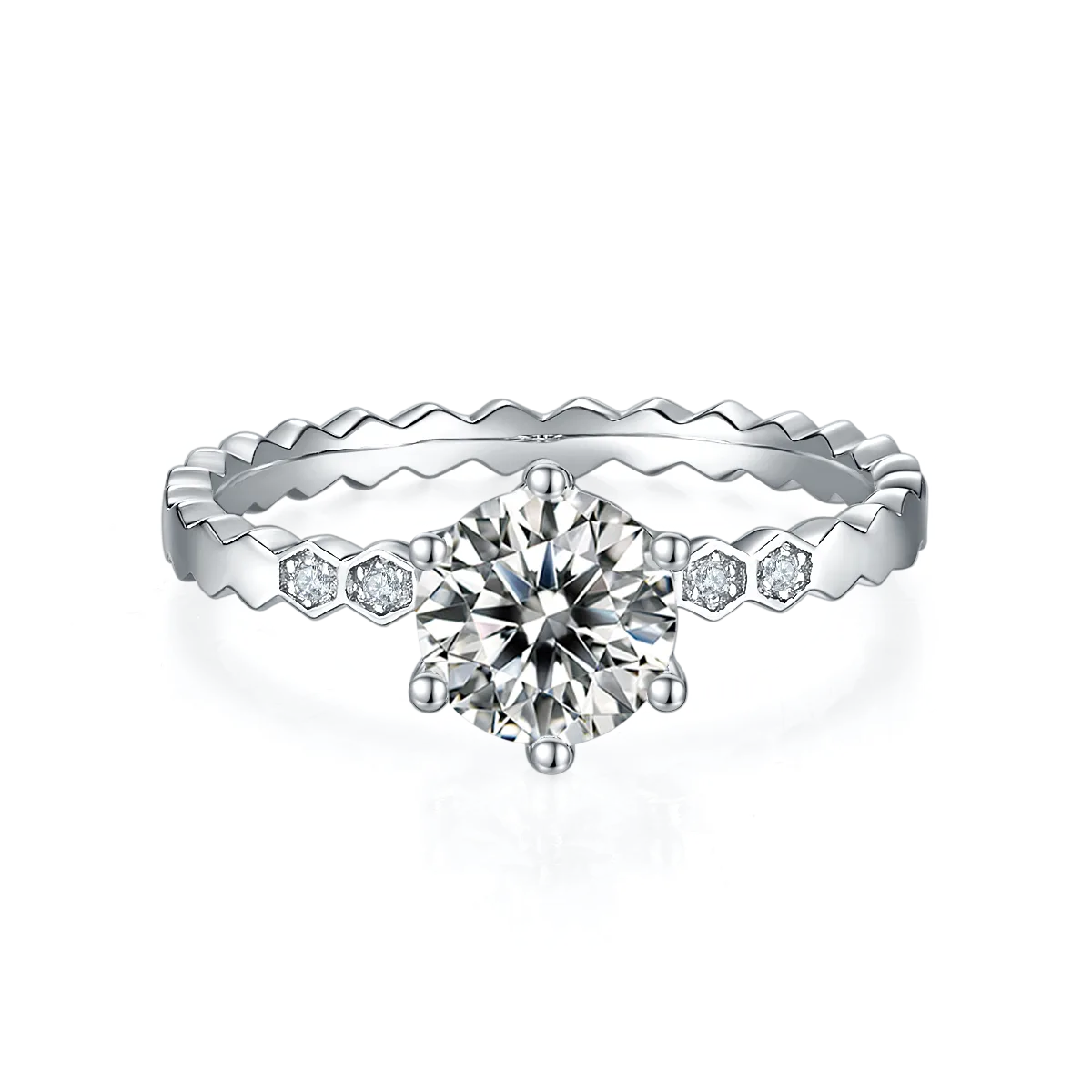 Straight-Band Micro-Pavé Honeycomb S925 White-Gold-Plated Silver Moissanite Proposal Ring Women's Ring 1ct D