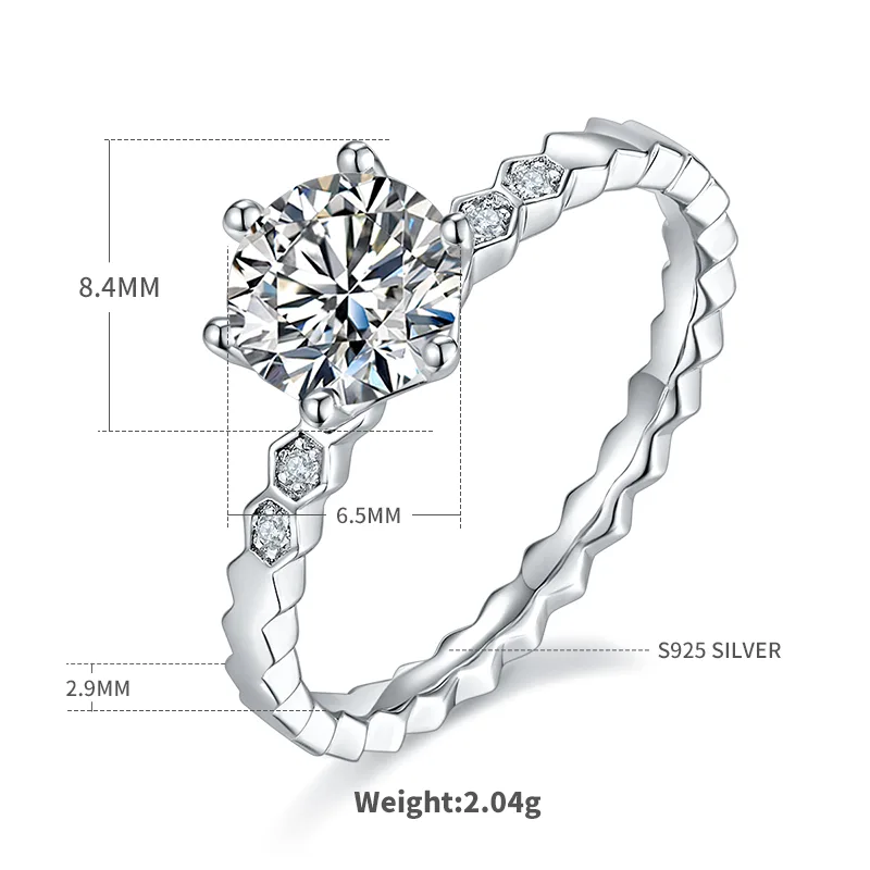 Straight-Band Micro-Pavé Honeycomb S925 White-Gold-Plated Silver Moissanite Proposal Ring Women's Ring 1ct D