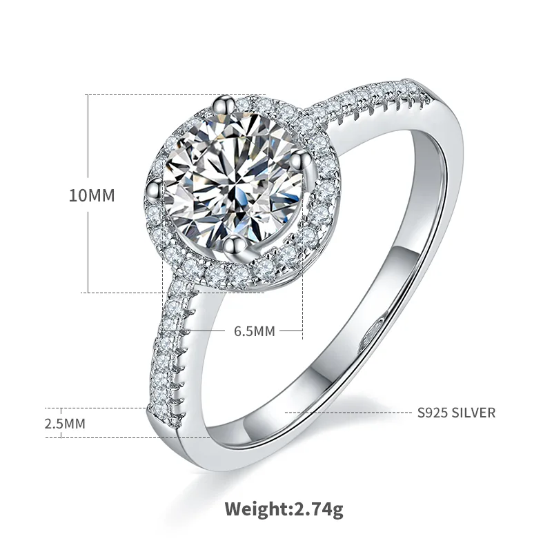 Straight-Band Deluxe Round Bezel S925 White-Gold-Plated Silver Moissanite Proposal Ring Women's Ring 1ct D