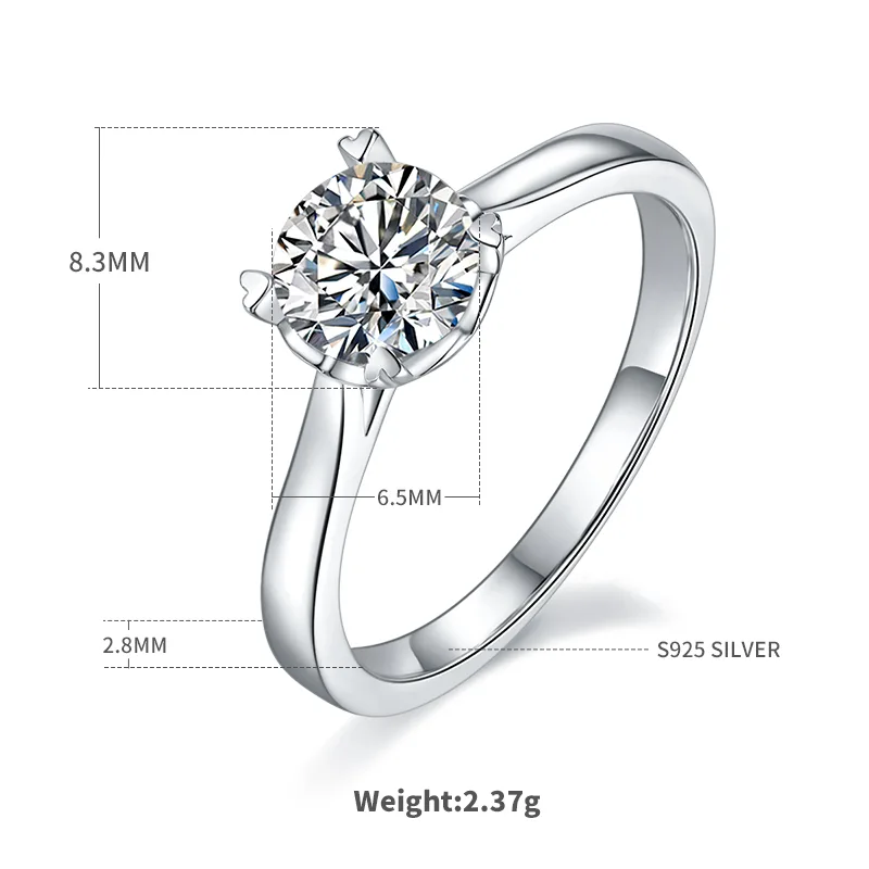 Straight-Band Heart Four-Prong S925 White-Gold-Plated Silver Moissanite Engagement Ring Women's Ring 1ct D
