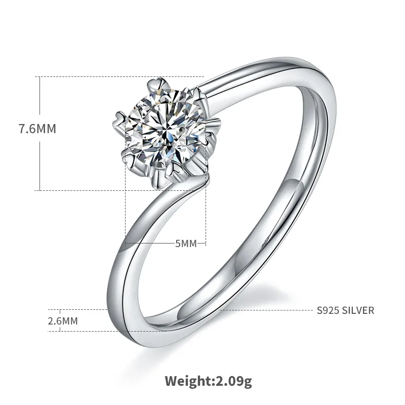 Twisted-Band Classic Snowflake S925 White-Gold-Plated Silver Moissanite Engagement Ring Women's Ring 0.5ct D