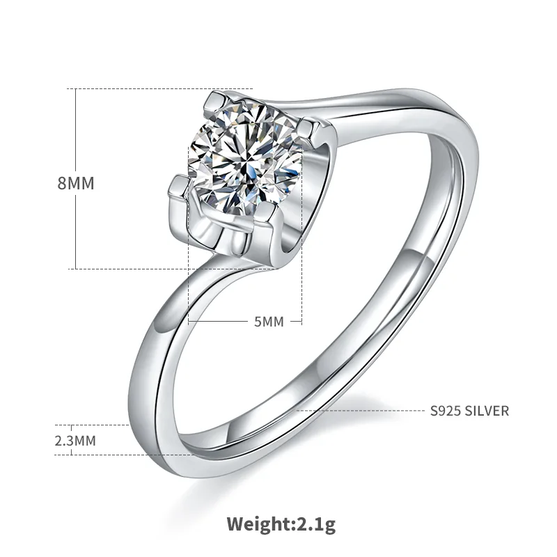 Twisted-Band Ox S925 White-Gold-Plated Silver Moissanite Proposal Ring Women's Ring 0.5ct D
