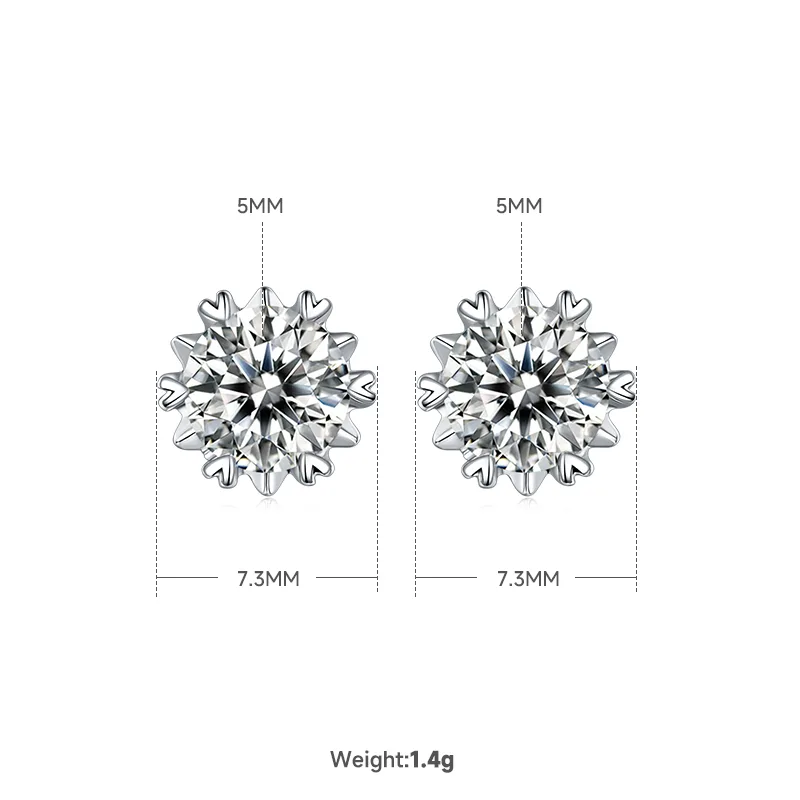 Classic Snowflake S925 White-Gold-Plated Silver Moissanite Pendant Stud Earrings Jewelry Set
