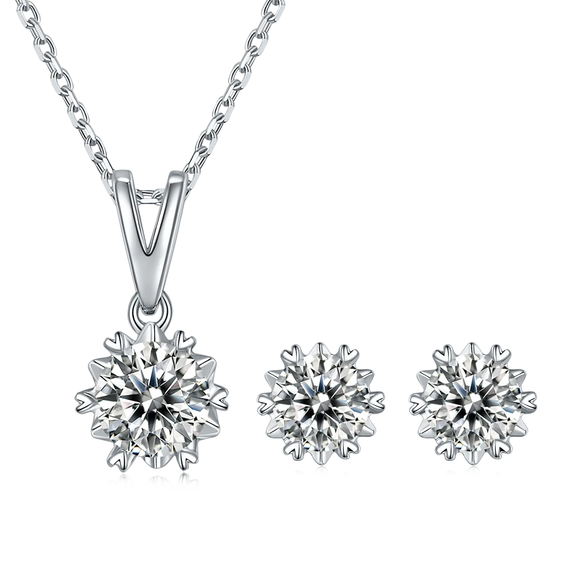 Classic Snowflake S925 White-Gold-Plated Silver Moissanite Pendant Stud Earrings Jewelry Set
