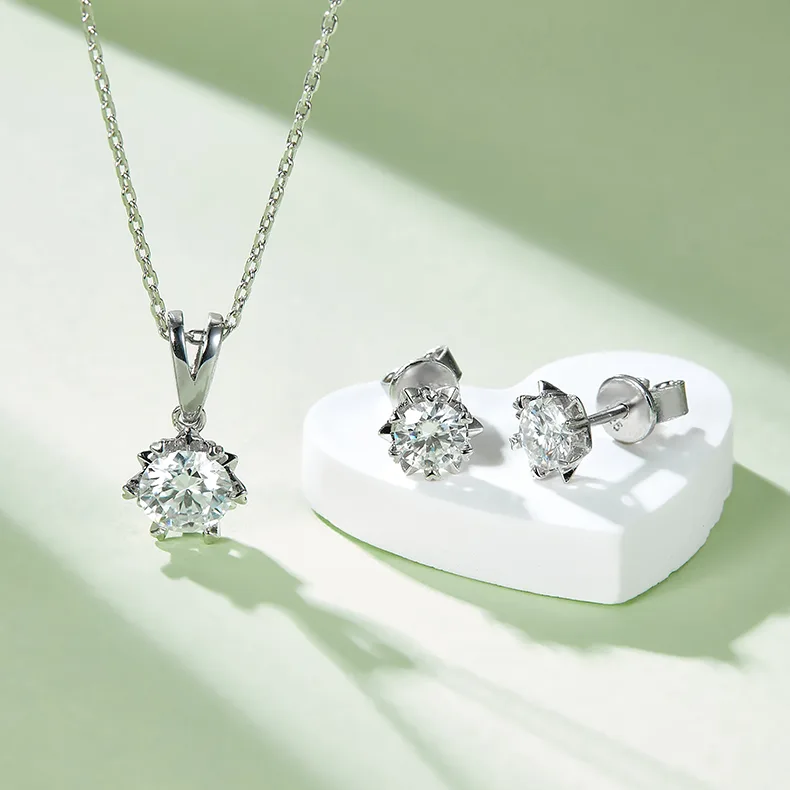 Classic Snowflake S925 White-Gold-Plated Silver Moissanite Pendant Stud Earrings Jewelry Set