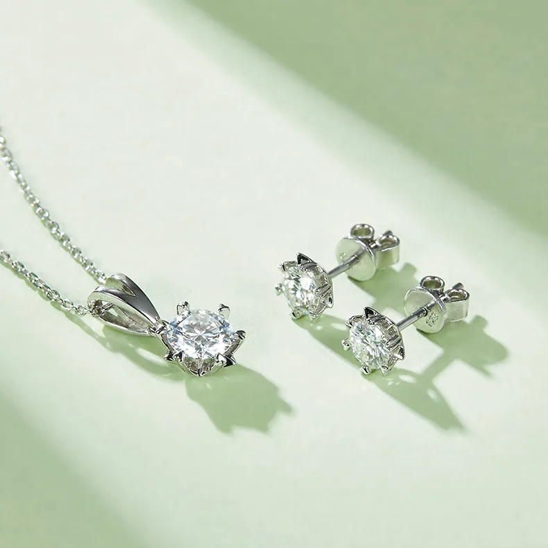 Classic Snowflake S925 White-Gold-Plated Silver Moissanite Pendant Stud Earrings Jewelry Set