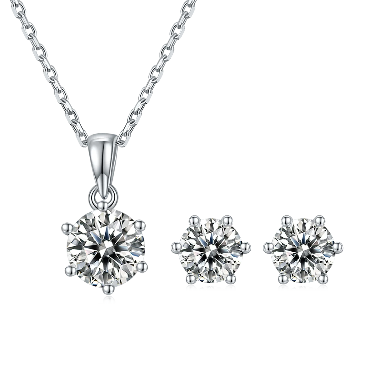 Classic Six-Prong S925 White-Gold-Plated Silver Moissanite Pendant Stud Earrings Jewelry Set