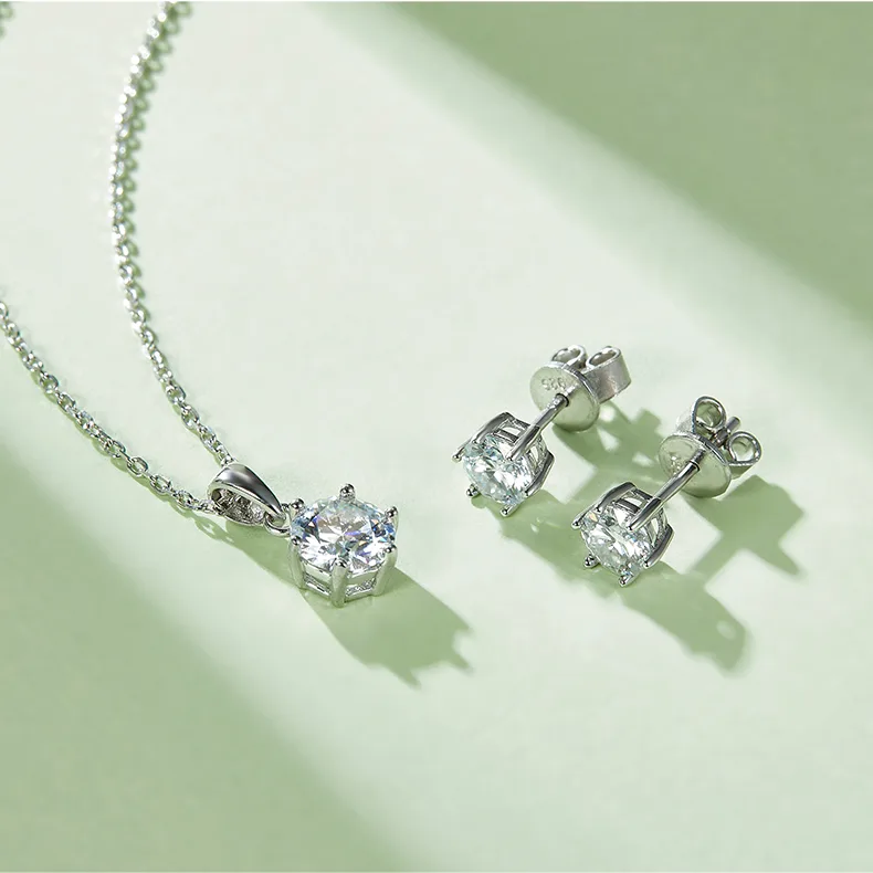 Classic Six-Prong S925 White-Gold-Plated Silver Moissanite Pendant Stud Earrings Jewelry Set