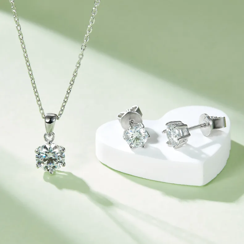 Classic Six-Prong S925 White-Gold-Plated Silver Moissanite Pendant Stud Earrings Jewelry Set