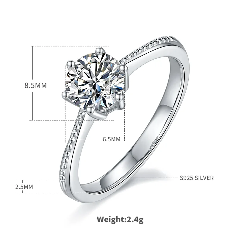 Straight-Band Bead Promise S925 White-Gold-Plated Silver Moissanite Wedding Band Women's Ring 1ct D