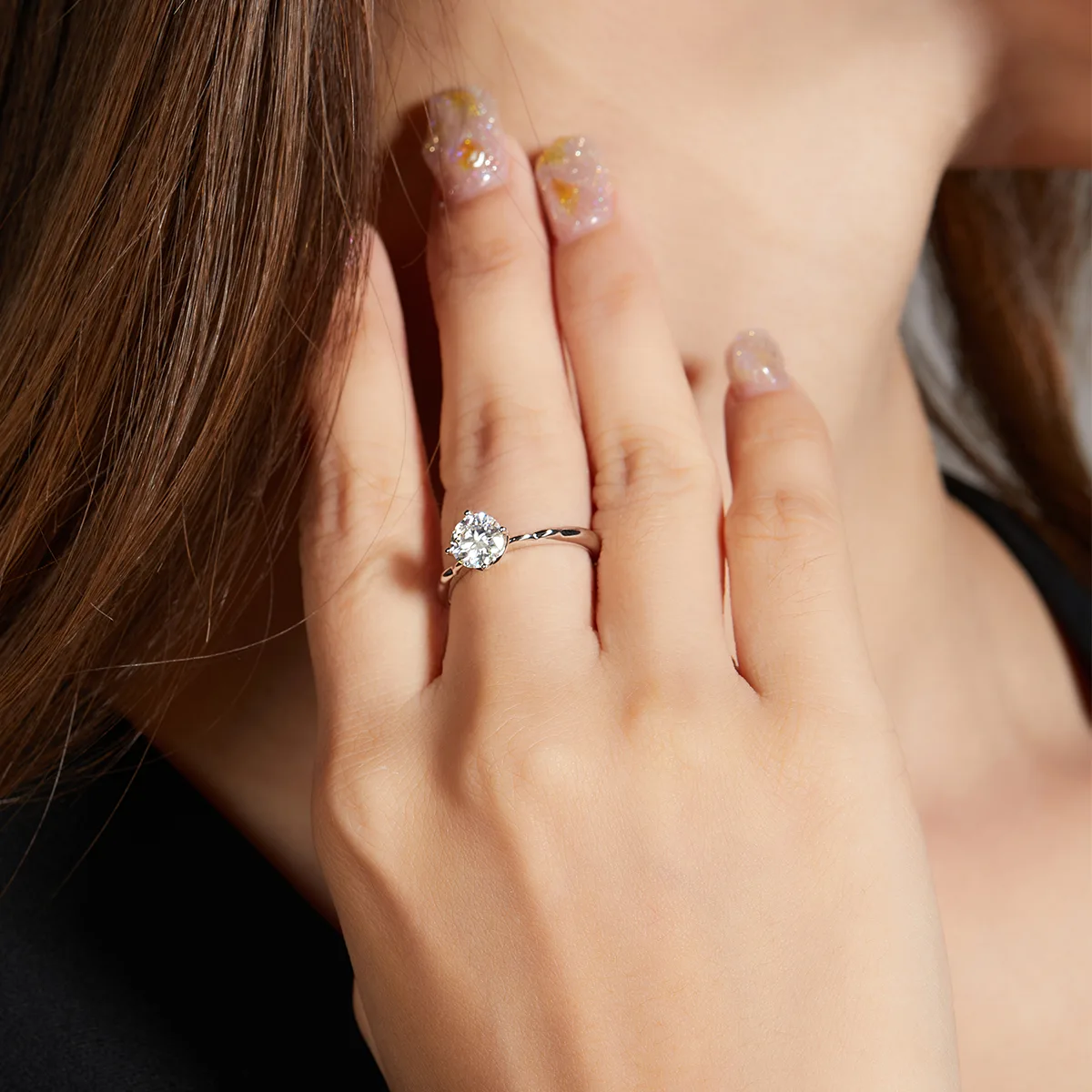 Straight-Band Small S925 White-Gold-Plated Silver Moissanite Engagement Ring Women's Ring 1ct D