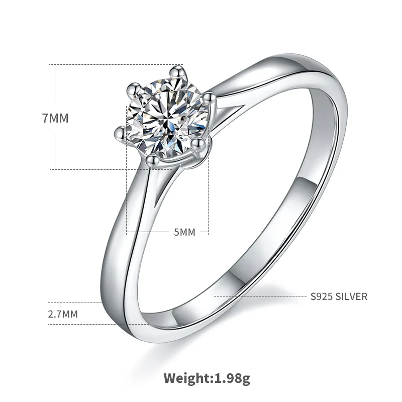 Straight-Band Six-Prong S925 White-Gold-Plated Silver Moissanite Wedding Band Women's Ring 0.5ct D