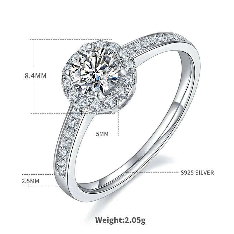 Luxury Pavé Round Bezel S925 White-Gold-Plated Silver Moissanite Wedding Band Women's Ring 0.5ct D
