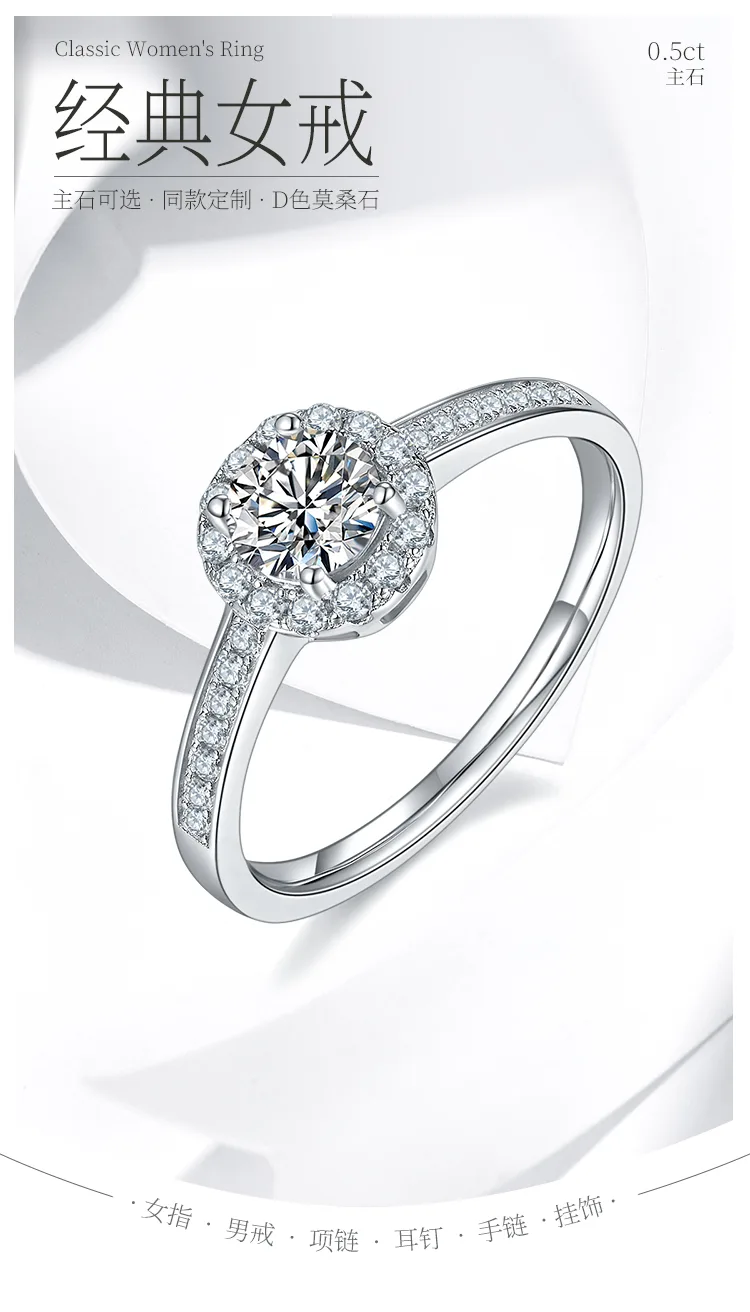 Luxury Pavé Round Bezel S925 White-Gold-Plated Silver Moissanite Wedding Band Wo