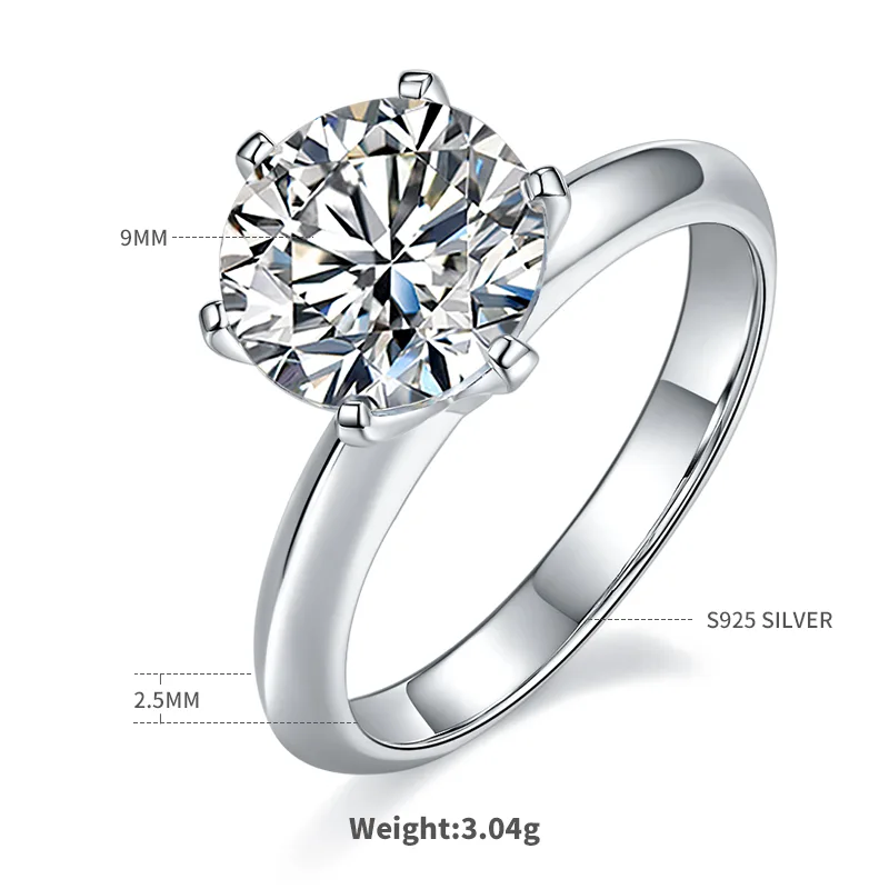 Plain Band T Six-Prong S925 White-Gold-Plated Silver Moissanite Proposal Ring Women's Ring 3.0ct D