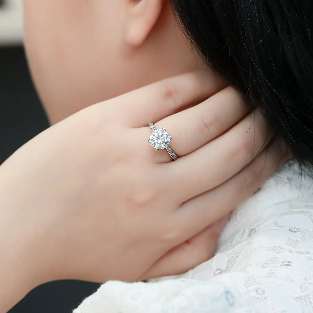 Micro-Pavé Spirit S925 White-Gold-Plated Silver Moissanite Engagement Ring Women's Ring 3.0ct D