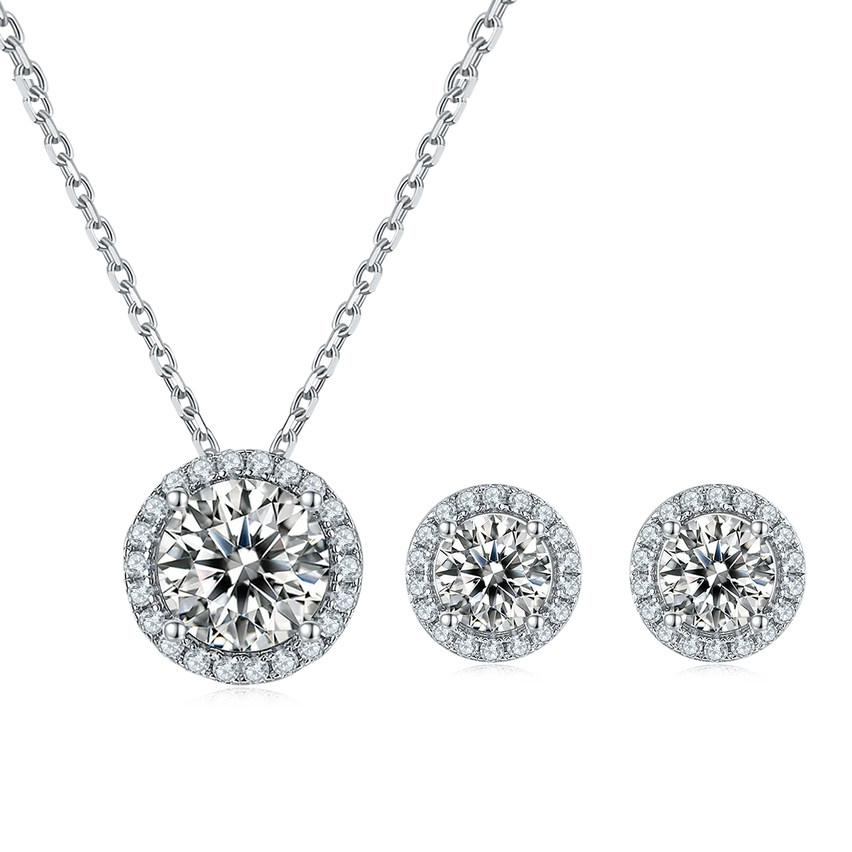 Deluxe Round Bezel S925 White-Gold-Plated Silver Moissanite Pendant Stud Earrings Jewelry Set