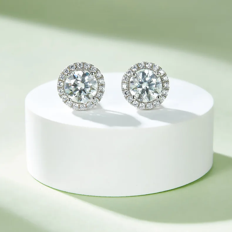 Deluxe Round Bezel S925 White-Gold-Plated Silver Moissanite Pendant Stud Earrings Jewelry Set