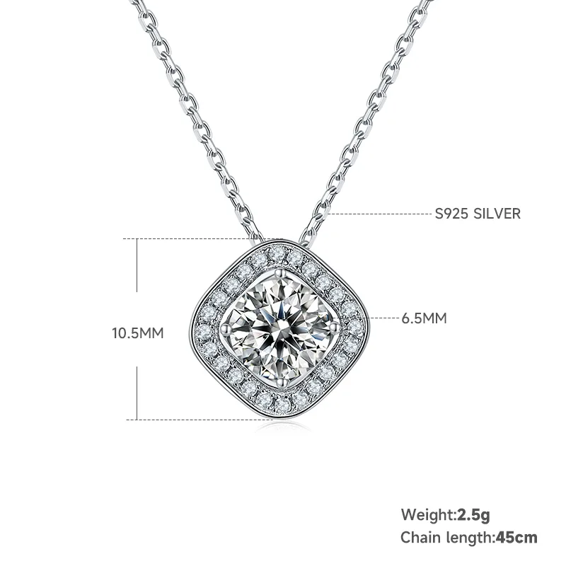 Deluxe Square Bezel S925 White-Gold-Plated Silver Moissanite Pendant Stud Earrings Jewelry Set