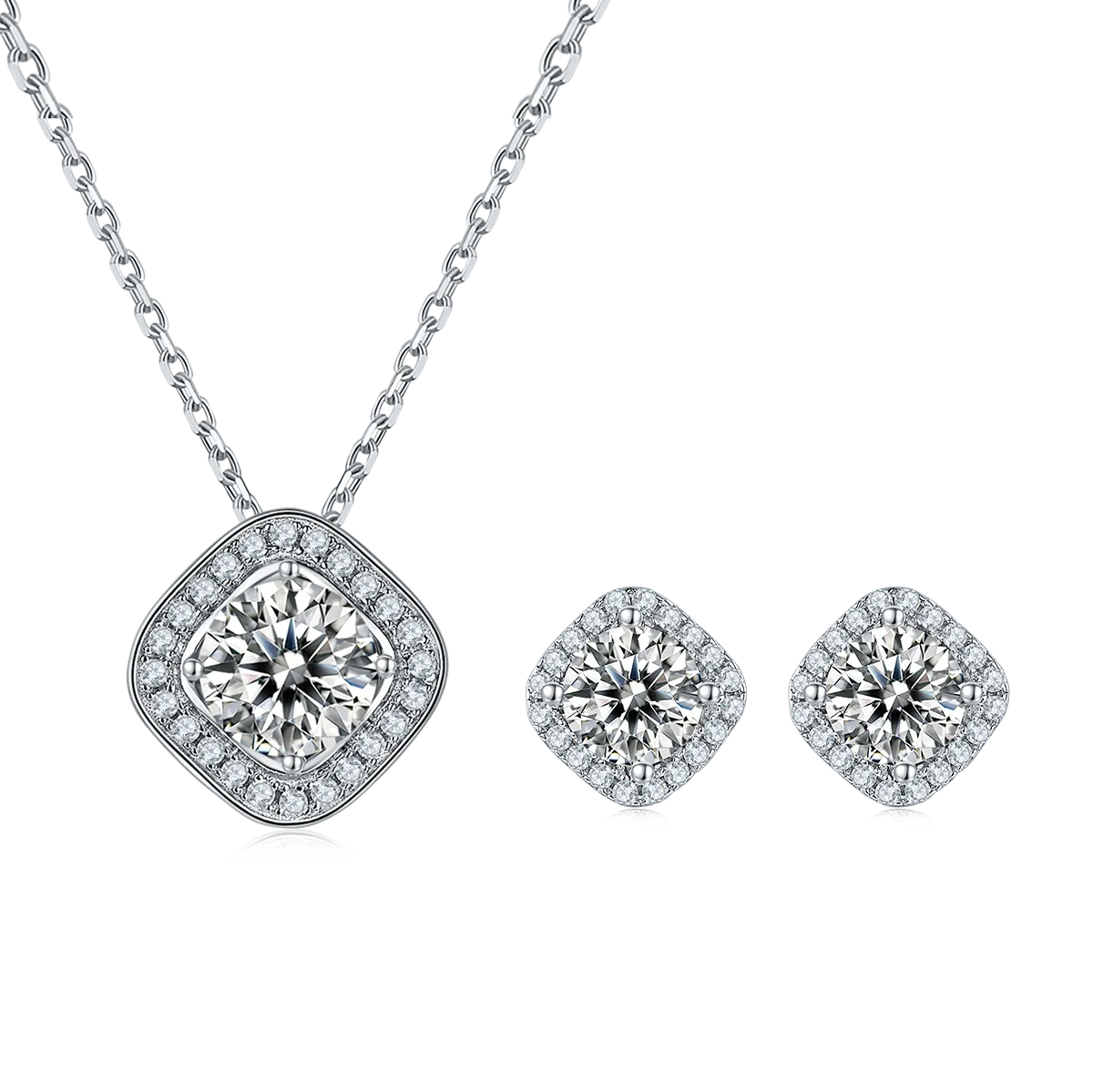 Deluxe Square Bezel S925 White-Gold-Plated Silver Moissanite Pendant Stud Earrings Jewelry Set