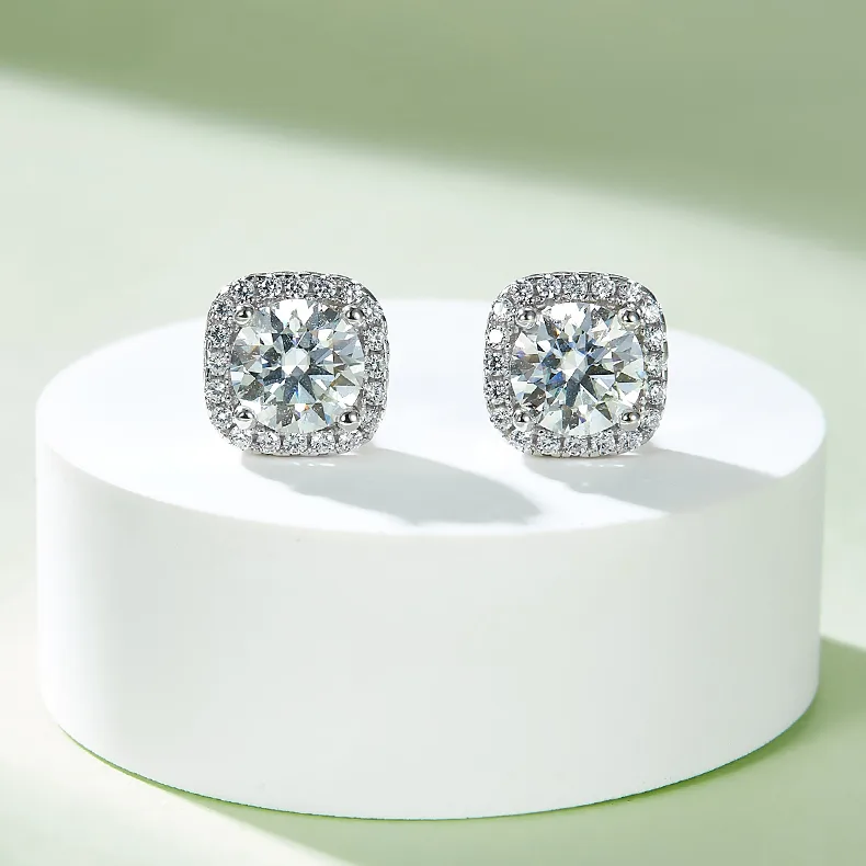 Deluxe Square Bezel S925 White-Gold-Plated Silver Moissanite Pendant Stud Earrings Jewelry Set