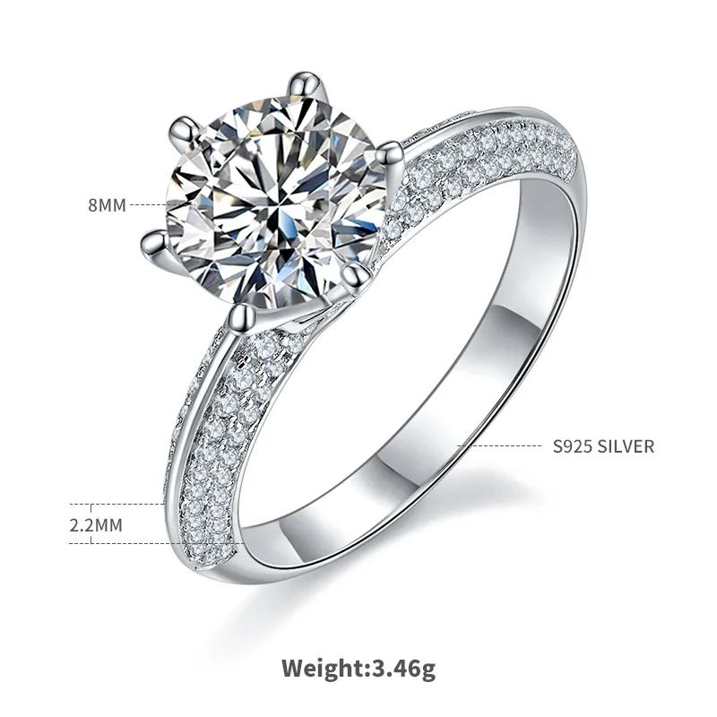 Half-Band S925 White-Gold-Plated Silver Moissanite Proposal Ring Women's Ring 2.0ct D
