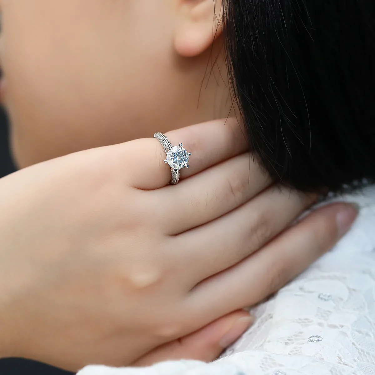 Half-Band S925 White-Gold-Plated Silver Moissanite Proposal Ring Women's Ring 2.0ct D