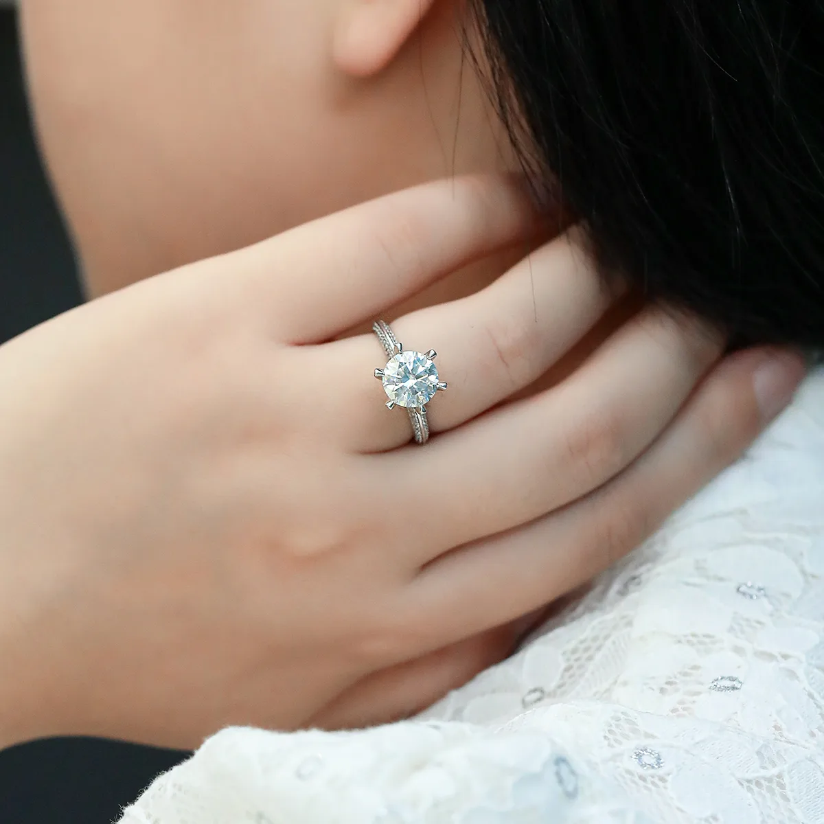 Half-Band S925 White-Gold-Plated Silver Moissanite Engagement Ring Women's Ring 3.0ct D
