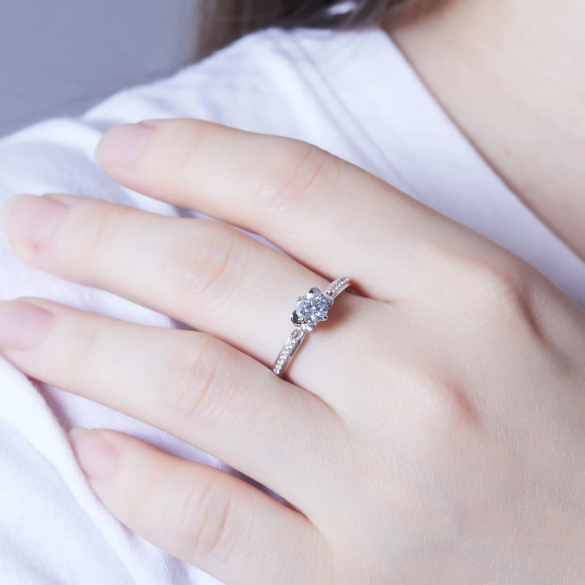 Micro-Pavé S925 White-Gold-Plated Silver Moissanite Proposal Ring Women's Ring 0.5ct D - M23C