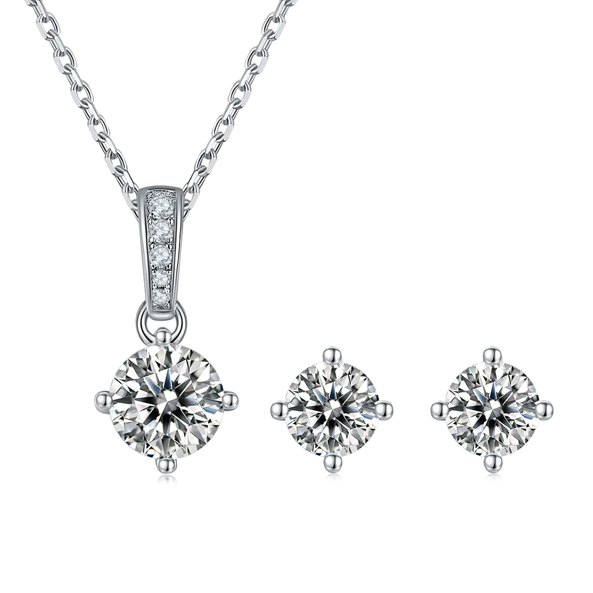 Classic Four-Prong S925 White-Gold-Plated Silver Moissanite Pendant Stud Earrings Jewelry Set