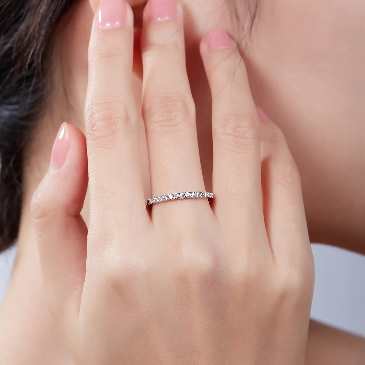 Straight-Row Ring Guard S925 White-Gold-Plated Silver Moissanite Melee Confession Ring 0.33ct D