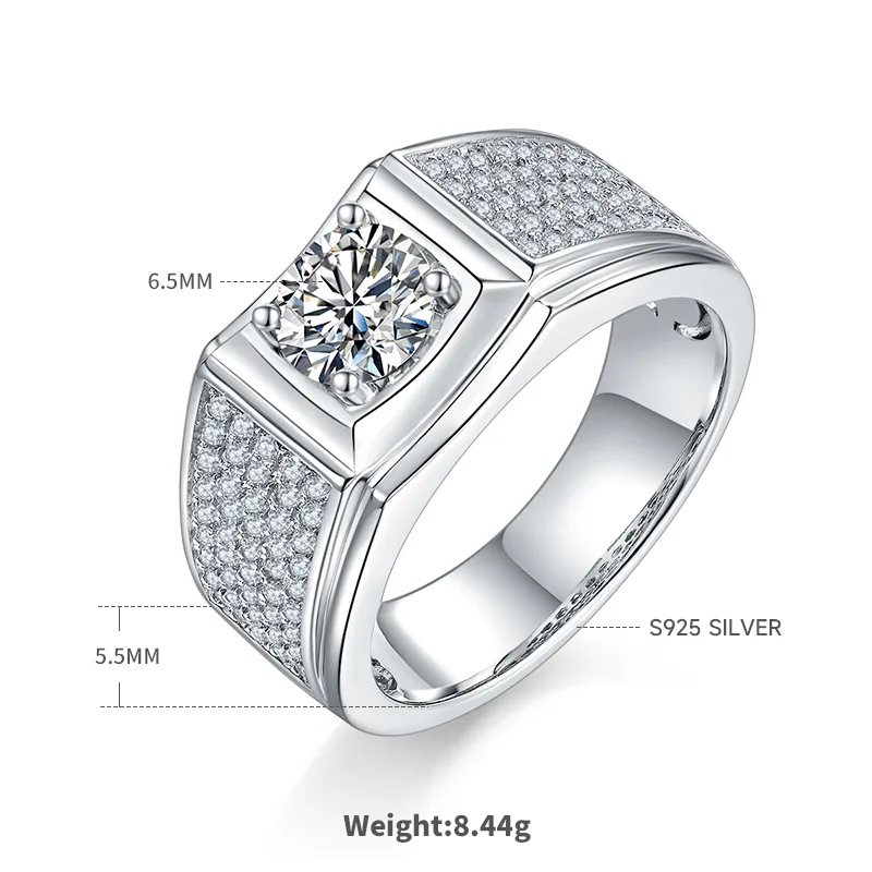 S925 White-Gold-Plated Silver Moissanite Men's Ring 1ct D - M71A