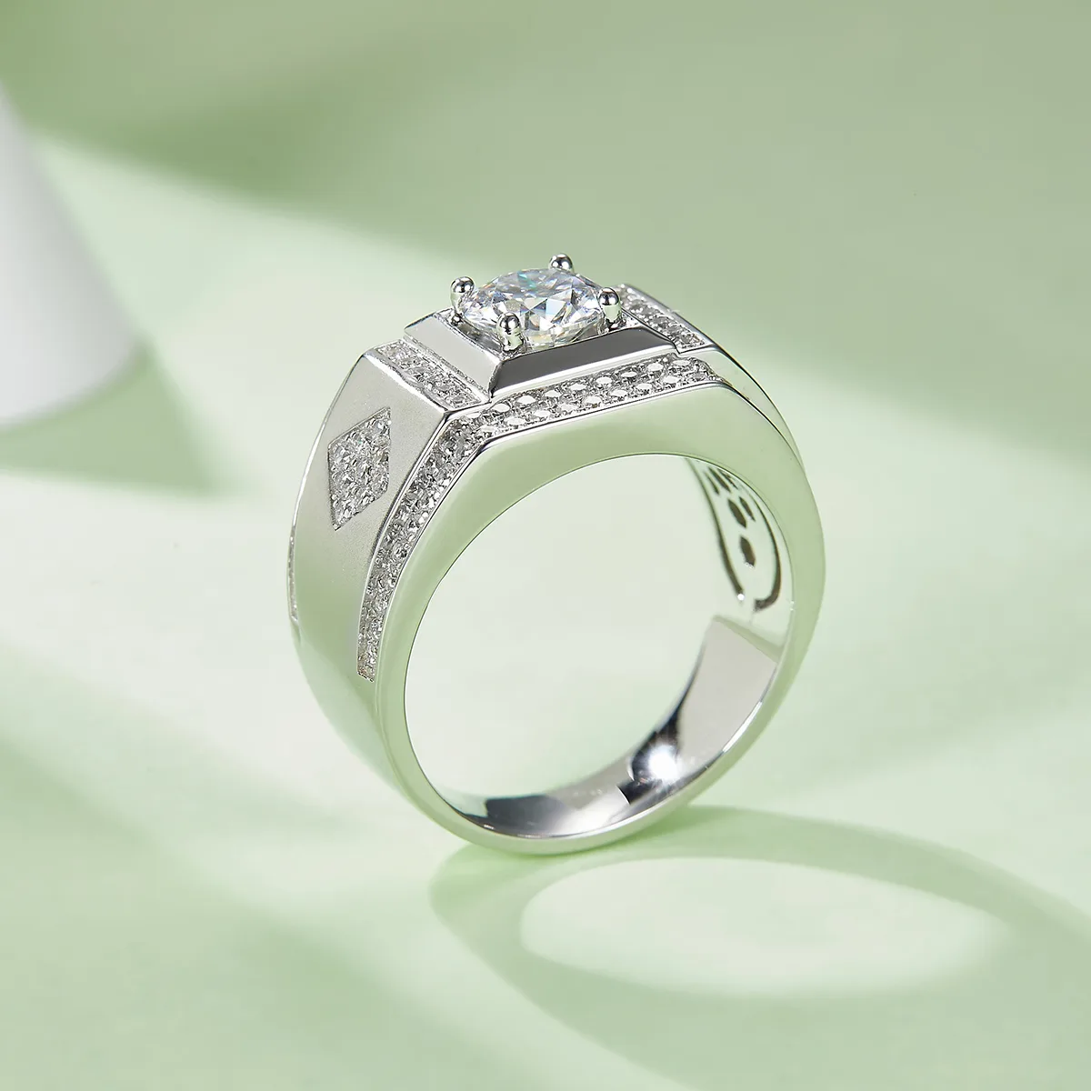 S925 White-Gold-Plated Silver Moissanite Men's Ring 1ct D - M75A