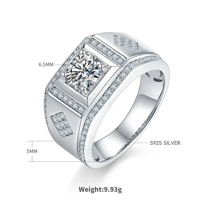 S925 White-Gold-Plated Silver Moissanite Men's Ring 1ct D - M75A
