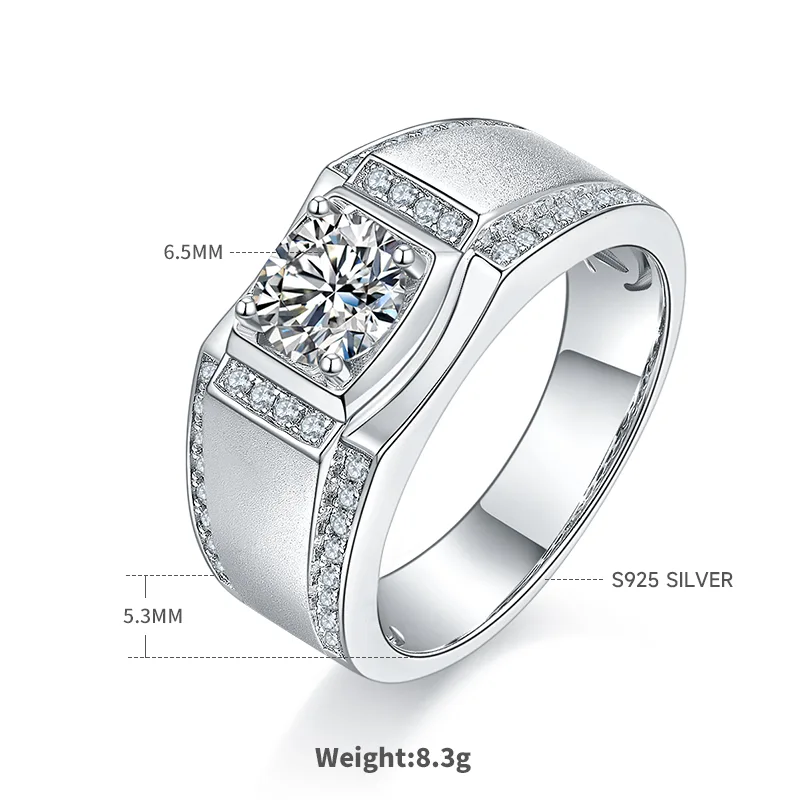 S925 White-Gold-Plated Silver Moissanite Men's Ring 1ct D - M77A