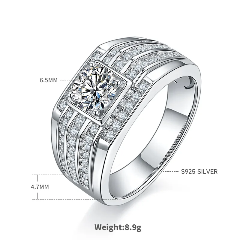 S925 White-Gold-Plated Silver Moissanite Men's Ring 1ct D