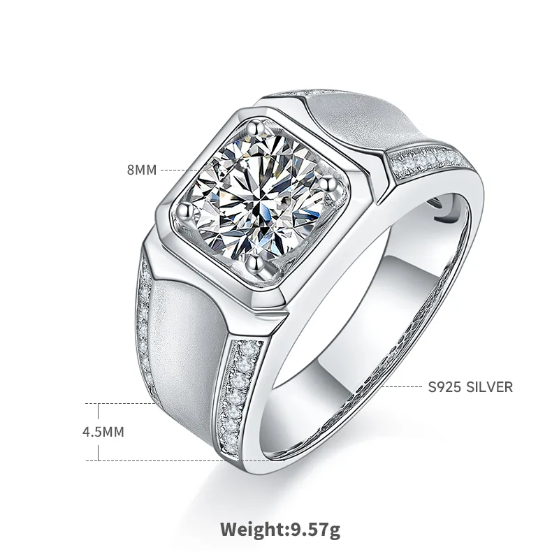 S925 White-Gold-Plated Silver Moissanite Men's Ring 2ct D - M81B