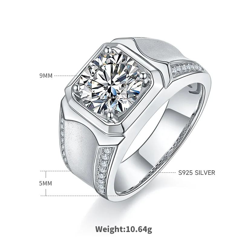 S925 White-Gold-Plated Silver Moissanite Men's Ring 3ct D - M81C