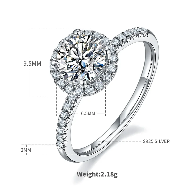 Classic Round Bezel S925 White-Gold-Plated Silver Moissanite Engagement Ring Women's Ring 1ct D