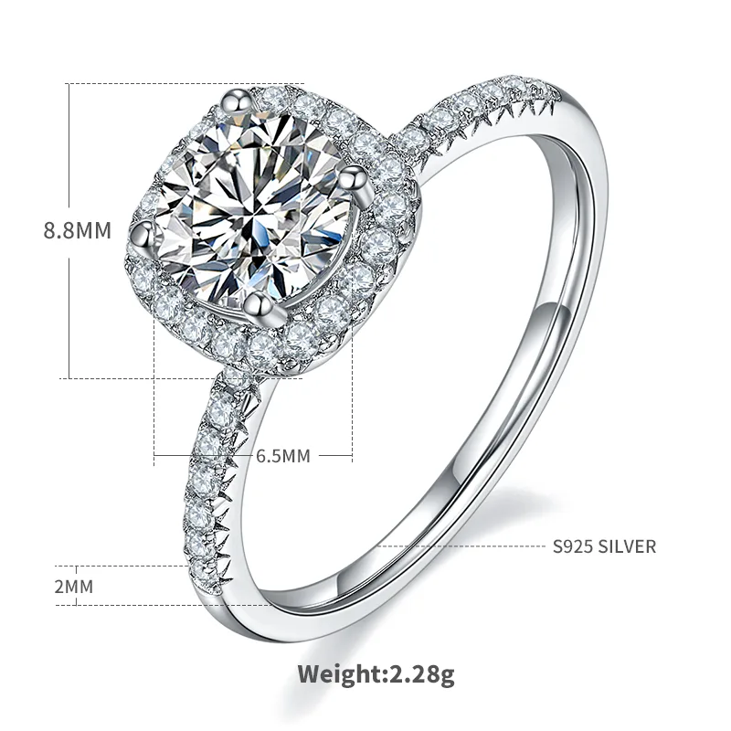 Classic Square Bezel S925 White-Gold-Plated Silver Moissanite Proposal Ring Women's Ring 1ct D