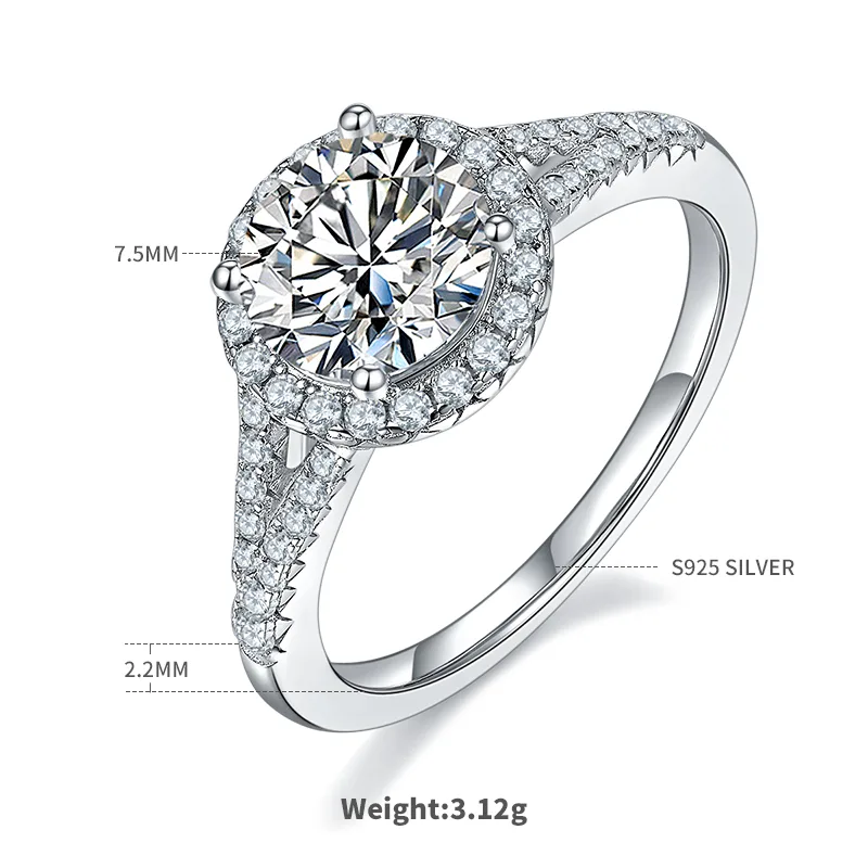 Double-Band Round Bezel S925 White-Gold-Plated Silver Moissanite Wedding Band Women's Ring 1.5ct D