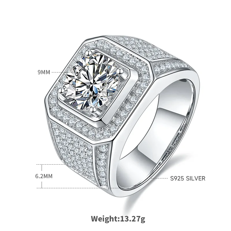S925 White-Gold-Plated Silver Moissanite Men's Ring 3ct D - M76C