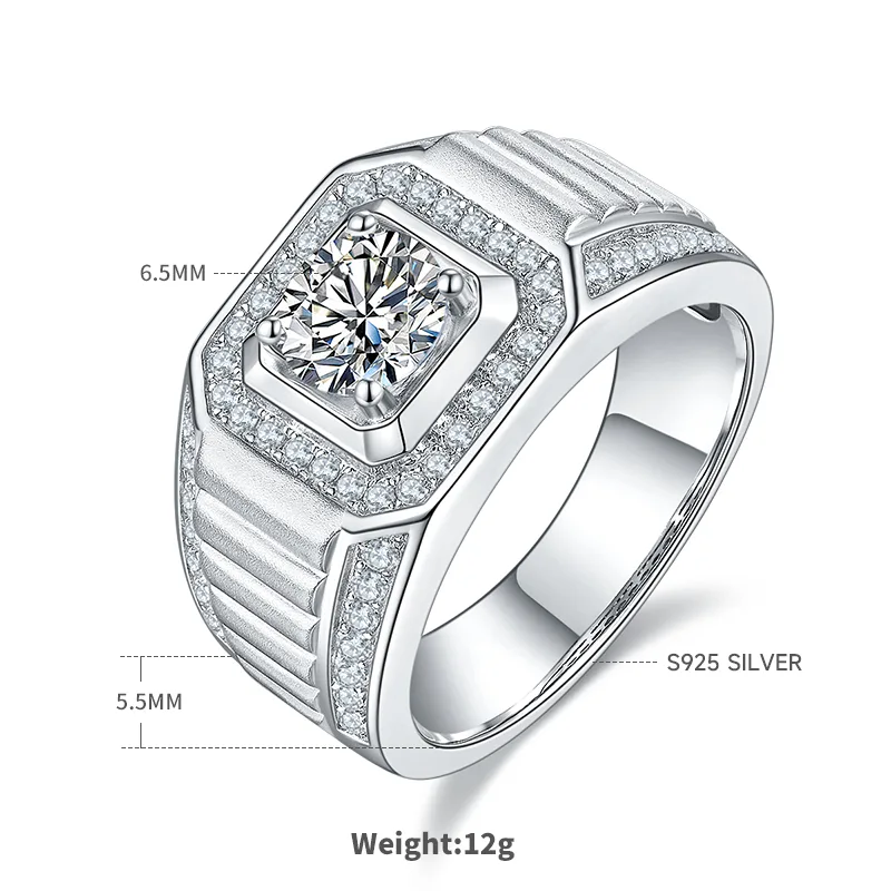 S925 White-Gold-Plated Silver Moissanite Men's Ring 1ct D