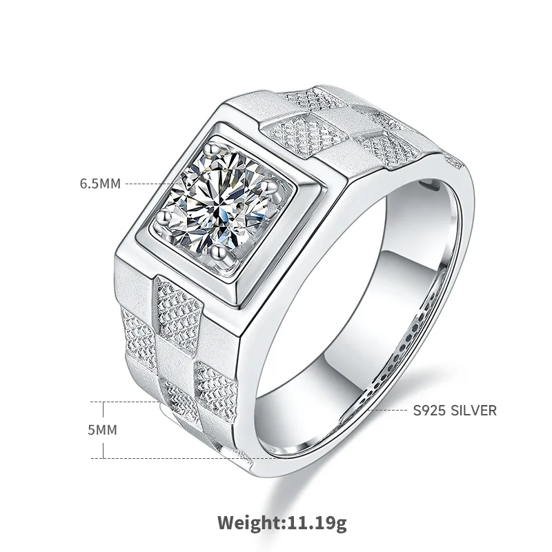 S925 White-Gold-Plated Silver Moissanite Men's Ring 1ct D - M84A