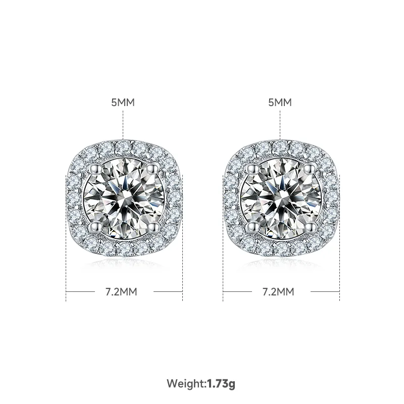 Classic Square Bezel S925 White-Gold-Plated Silver Moissanite Pendant Stud Earrings Jewelry Set