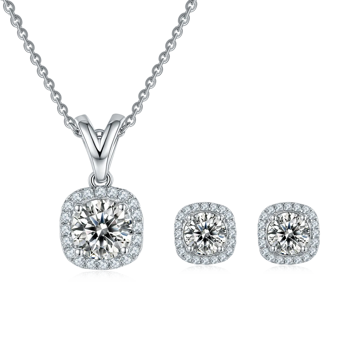 Classic Square Bezel S925 White-Gold-Plated Silver Moissanite Pendant Stud Earrings Jewelry Set